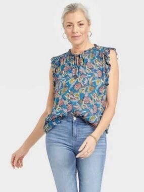 Knox Rose Blue Floral Sleeveless Blouse Top Size XS Bohemian Hippie NWT